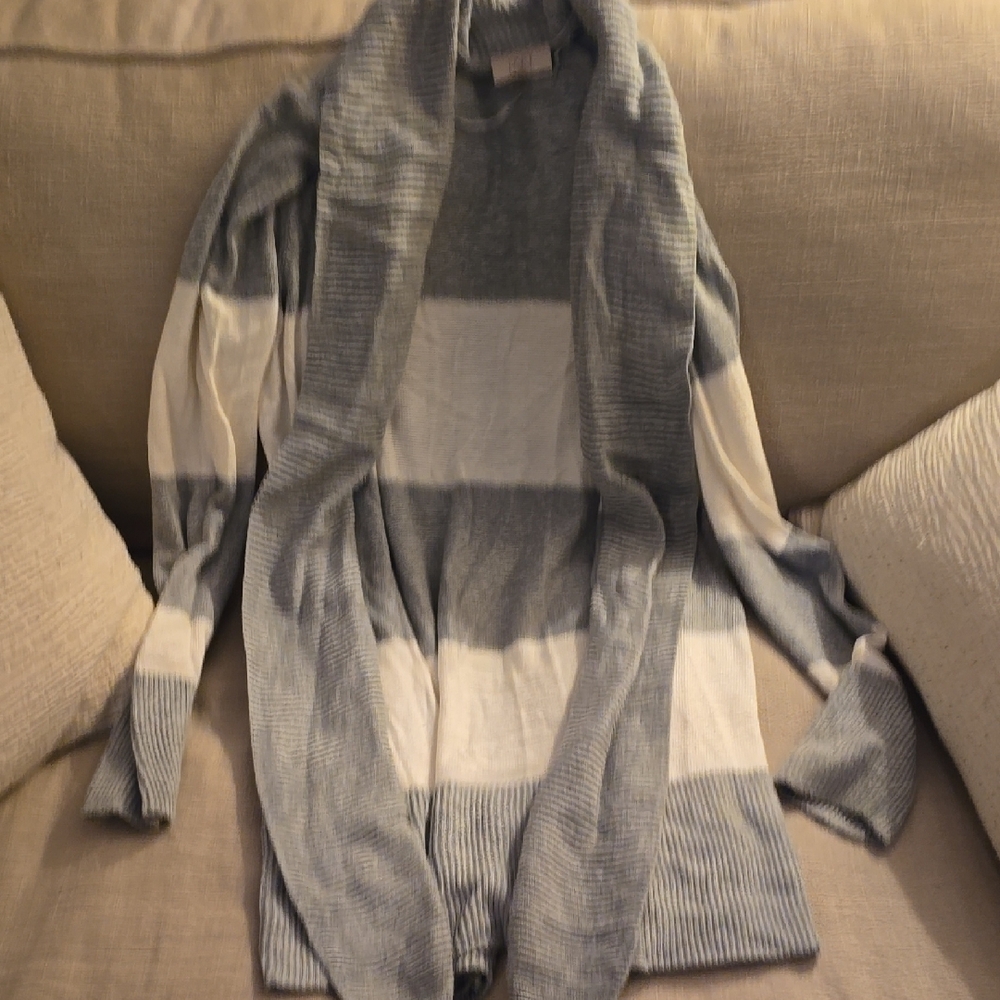 Loft Gray and White Cardigan Sweater with Bold Stripes L